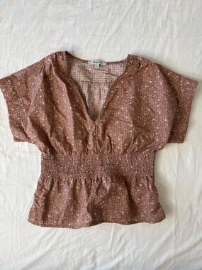Madewell XXS Brown Floral Printed Smocked Peplum Blouse V-Neck  Top Boho